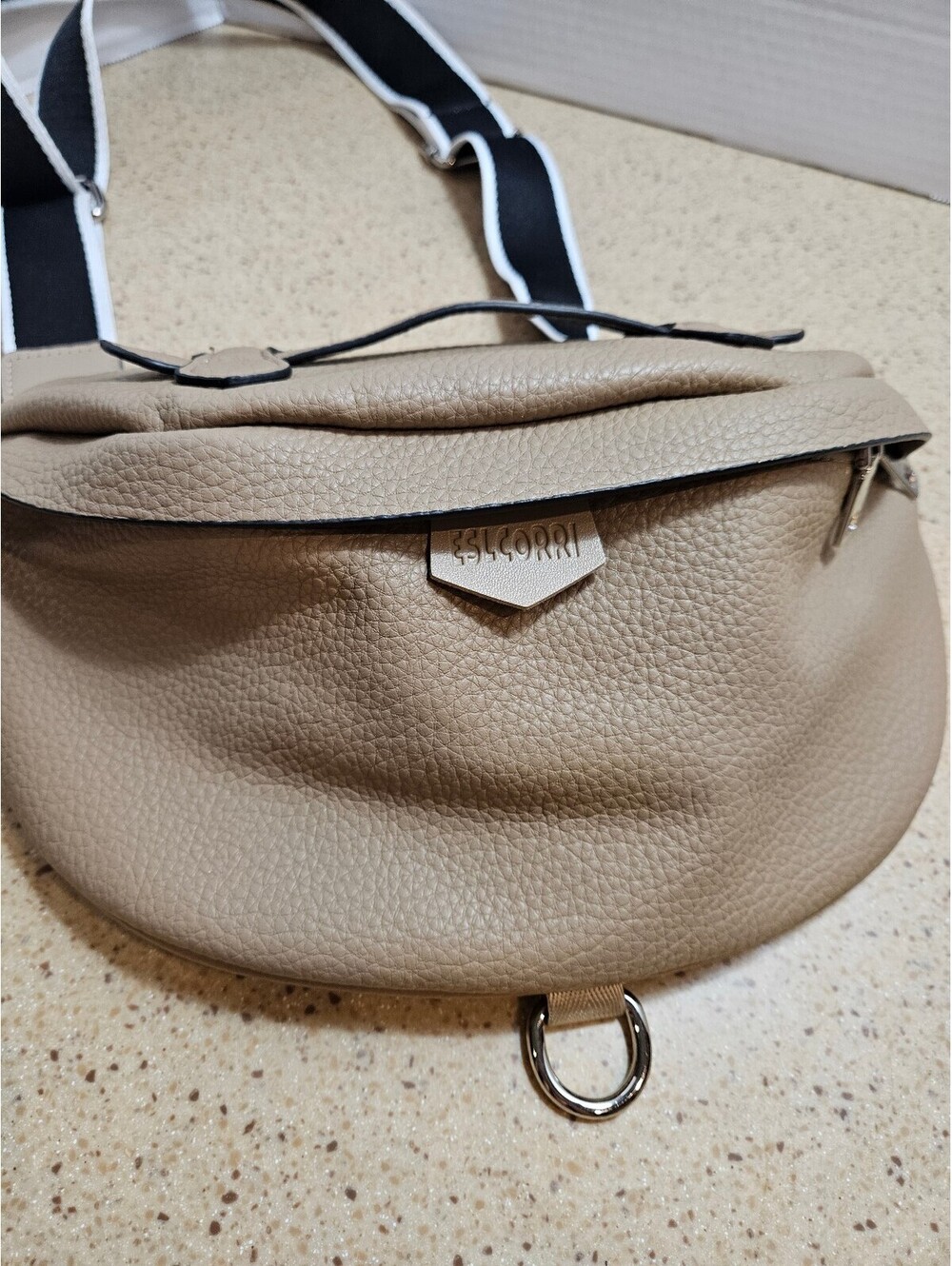 Beige pebbled crossbody belt bag
